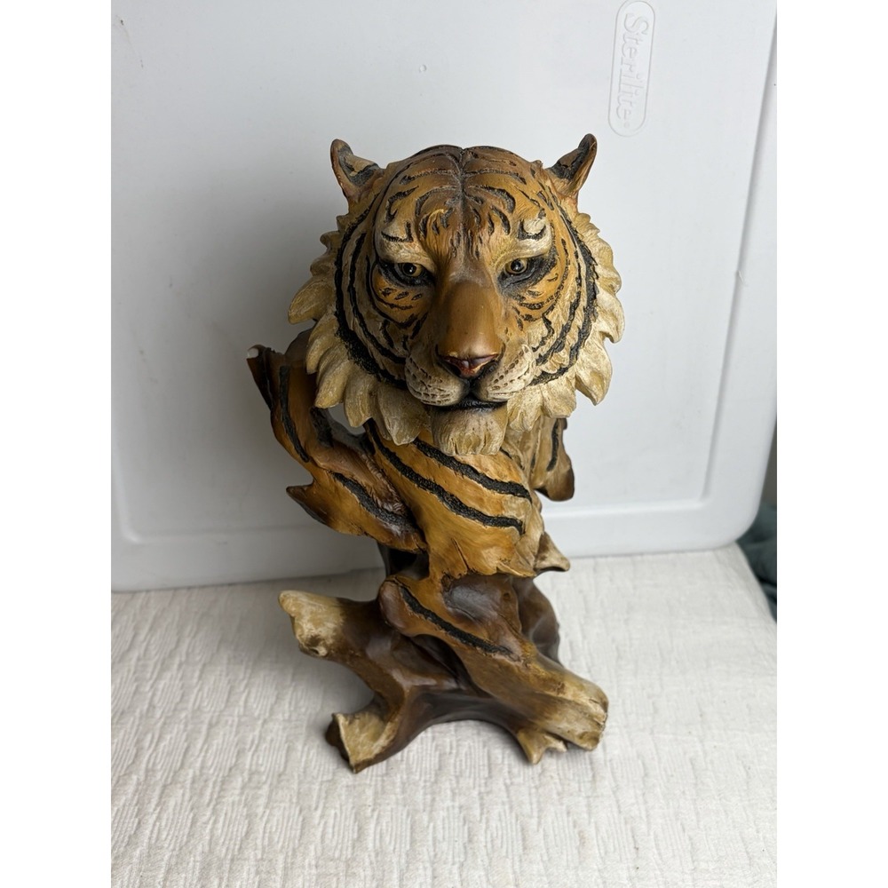 Creative "Faux Wooden" Resin Big Cat Tiger Head Bust Statue Figure Sculpture